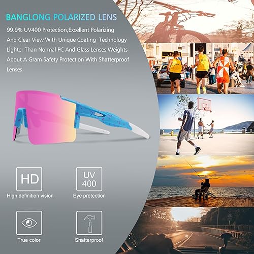 Miniatura 2 de BangLong Gafas de sol de ciclismo polarizadas deportivas para hombres y mujeres con 3 lentes intercambiables para correr gafas de béisbol