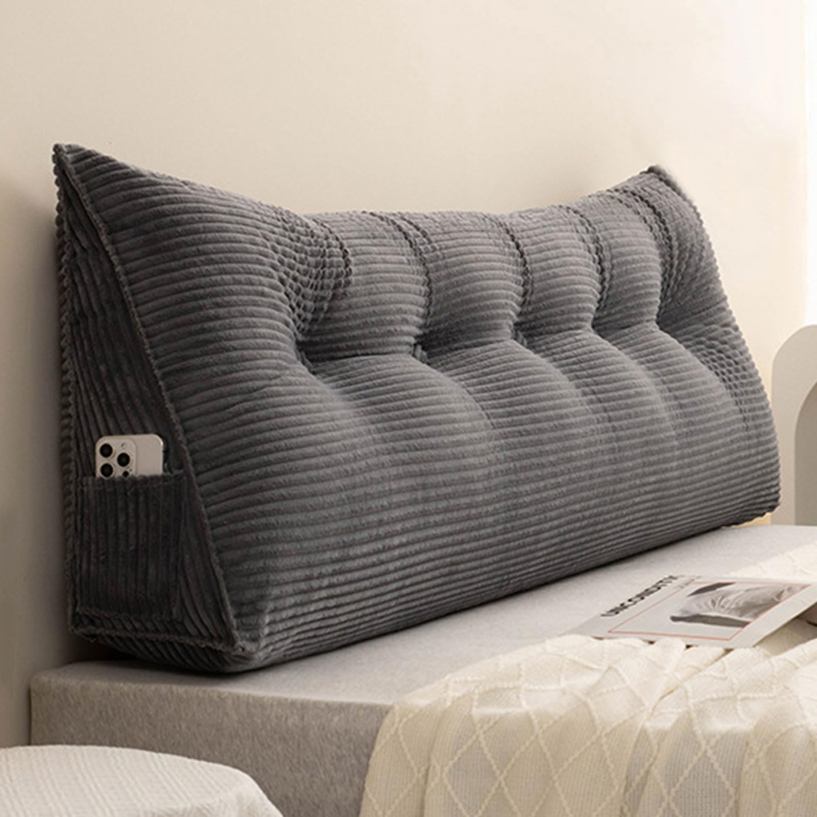 AIUTG Large Triangular Reading Pillow for Headboard, Corduroy Backrest Cushion with Removable Washable Cover and Side Pocket, Comfortable Support for Bed, Sofa and Bedroom(Gris Foncé,180x50x20cm)