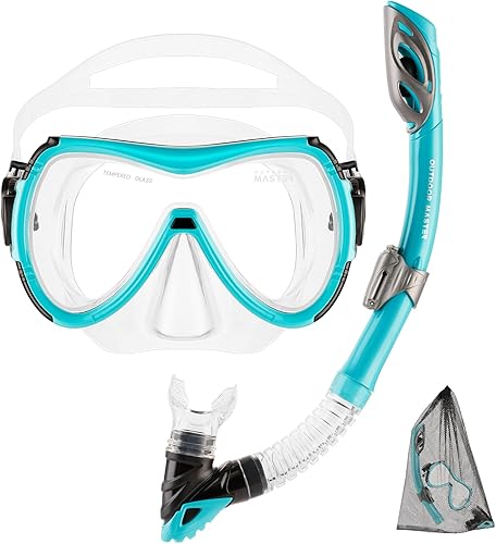 OutdoorMaster Mobula Equipo de esnórquel para adultos, máscara de buceo y juego de esnórquel con vidrio templado antivaho, snorkel seco superior