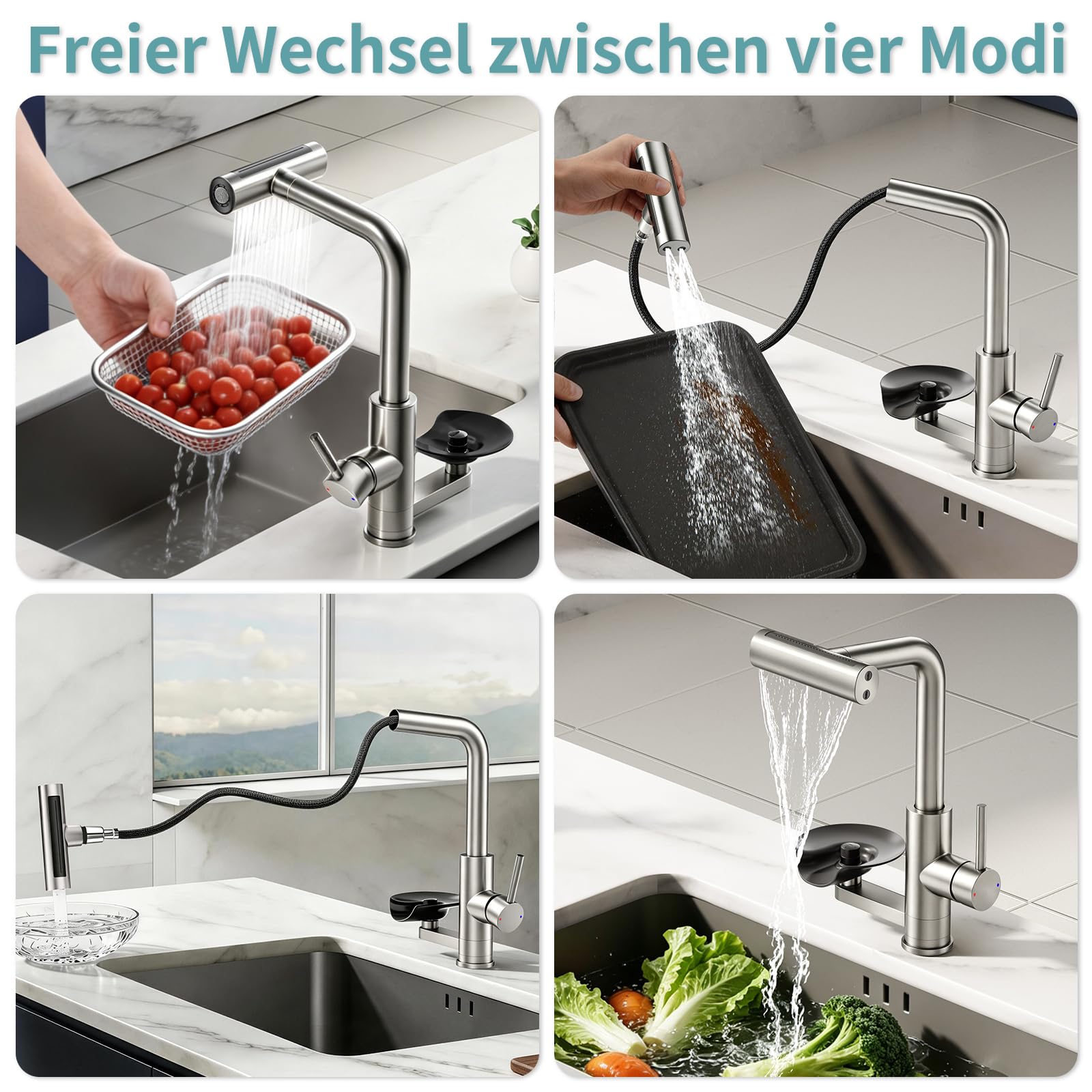 360° drehbarer Wasserhahn Küche ausziehbar mit Brause, wasserfall Mischbatterie Küche mit Gläserspüler, 4 Modi Spültischarmatur mit Glasspüler (Gebürstetes Nickel, Standardausführung)