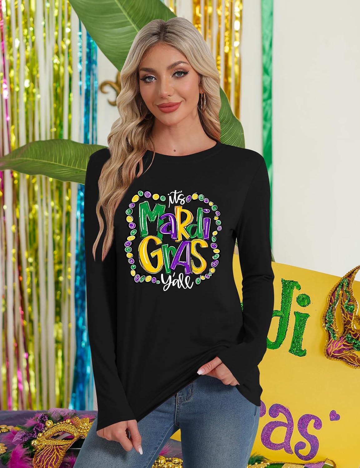 LAZYCHILD Mardi Gras Shirt for Women: Fat Tuesday Shirts Mardi Gras Long Sleeve New Orleans Carnival Party Tops - Image 3
