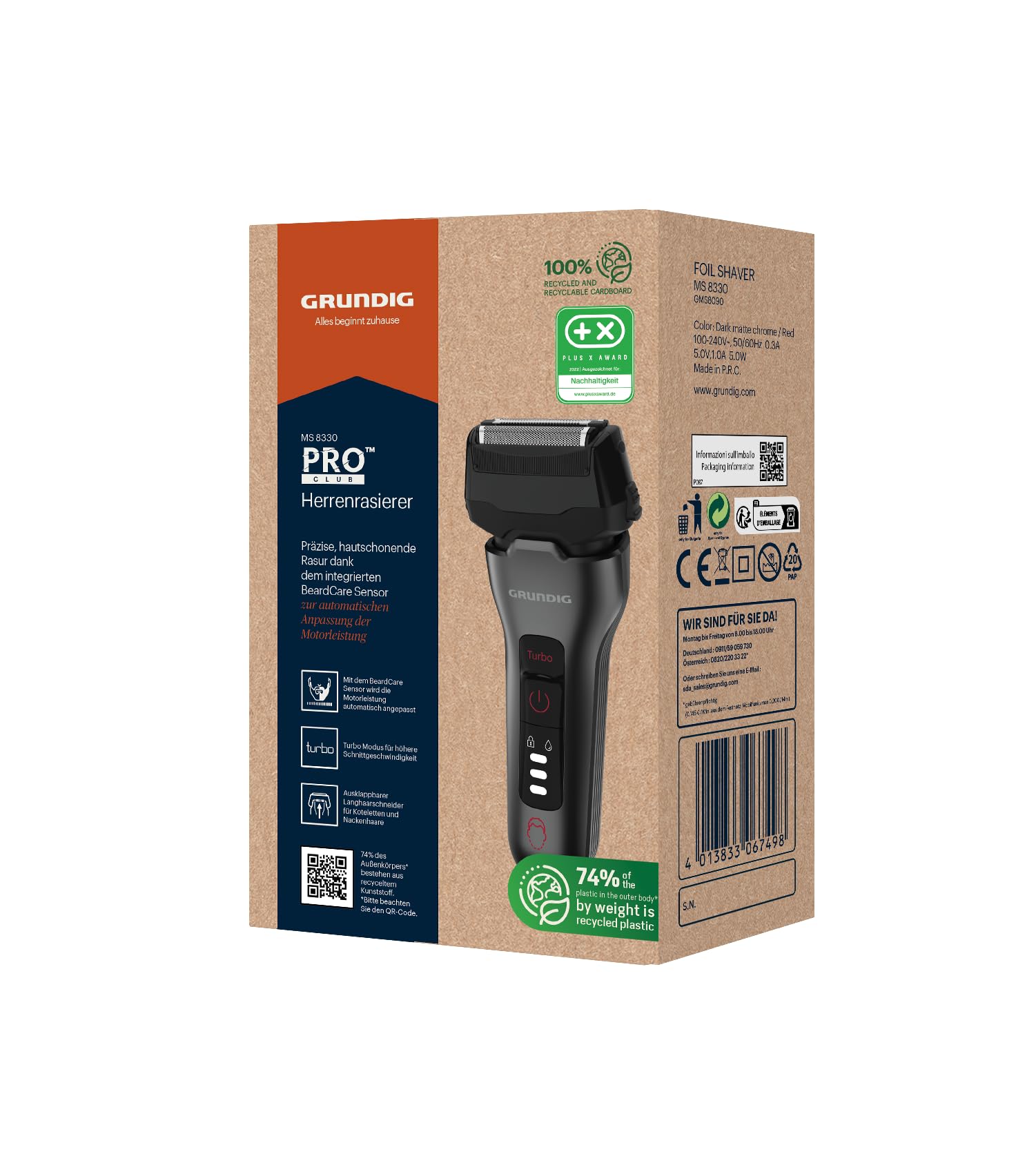 Grundig - MS 8330 Herrenrasierer - Akkubetrieb 60 Min. Laufzeit - 3fach Schneidsystem BeardCare Sensor Präzisions-Trimmer - Recyceltes Kunststoffgehäuse - Schwarz