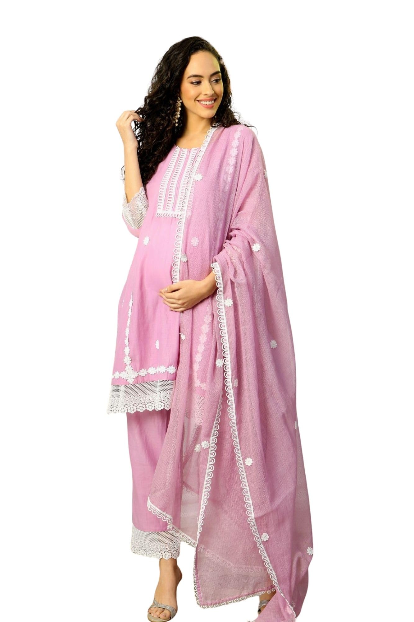 momzjoy Luxe Pretty Lilac Mulmul Maternity & Nursing Kurta Set with Bottom & Dupatta, 3 Piece Feeding Wear-picture-33