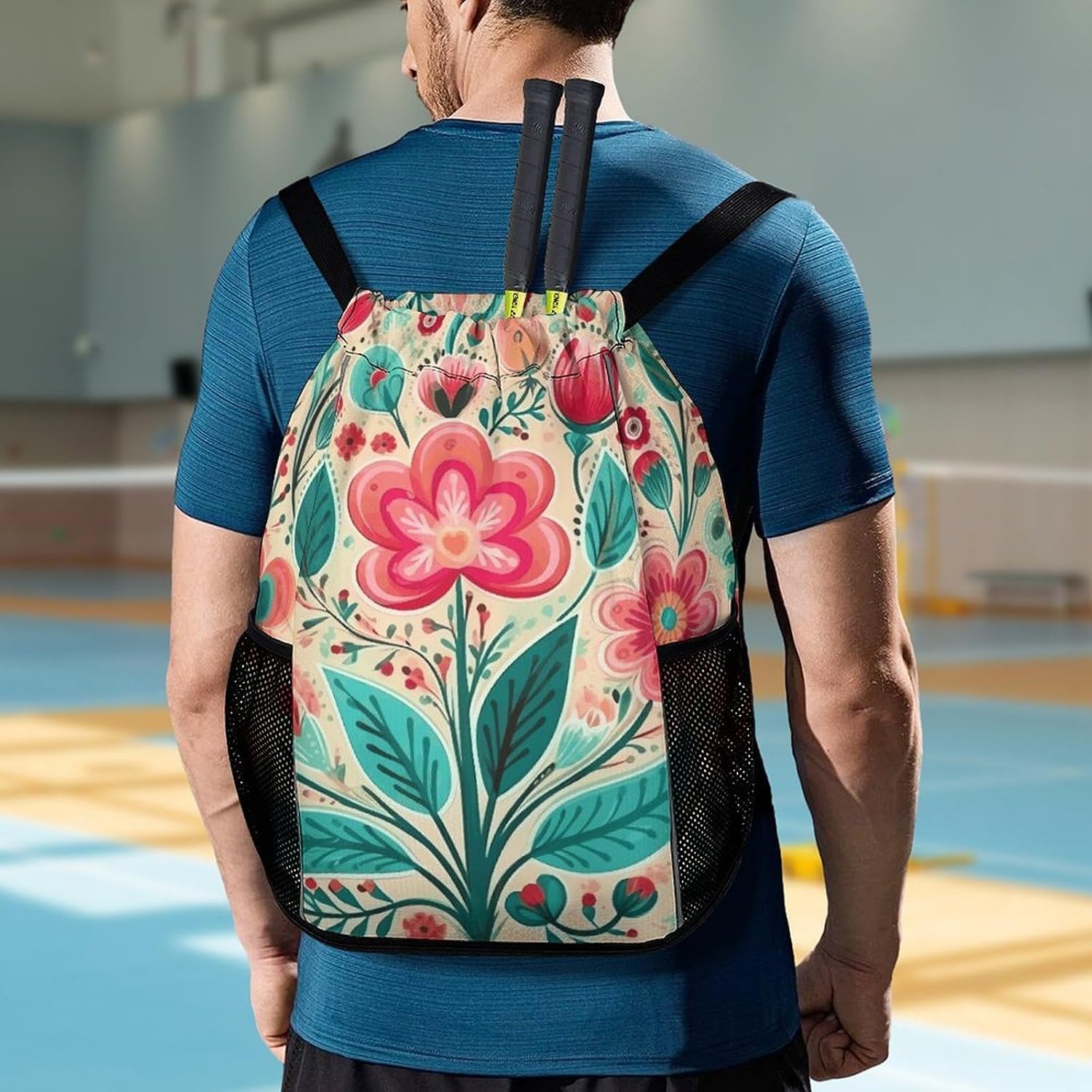 Flower Folk Art Gym Bag Backpack Drawstring Backpack