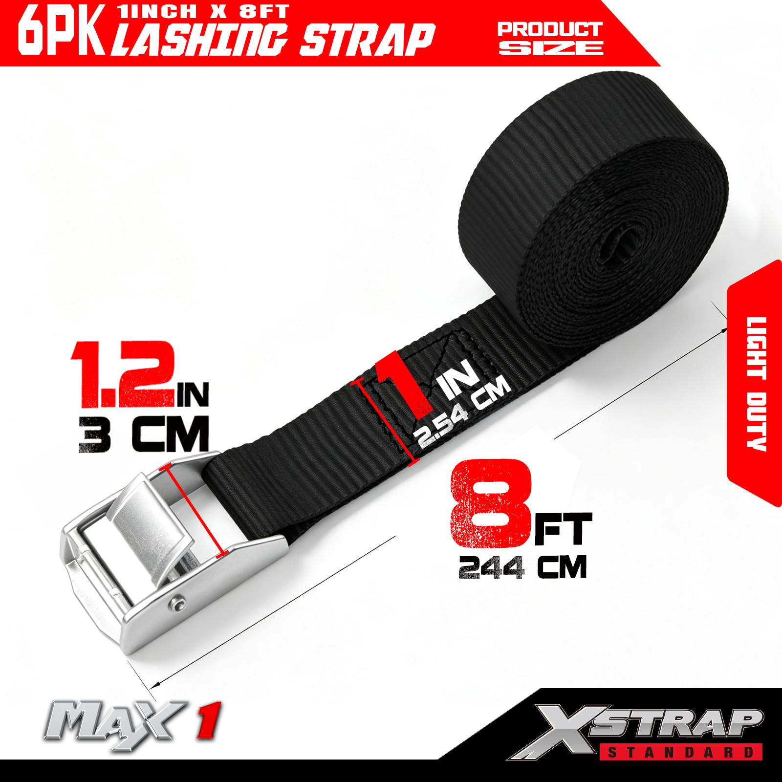 XSTRAP paski z klamrą krzywkową, 200 cm, czarne paski mocujące z torbą do przenoszenia, do zabezpieczania ładunku, bagażu, motocykla, kajaka