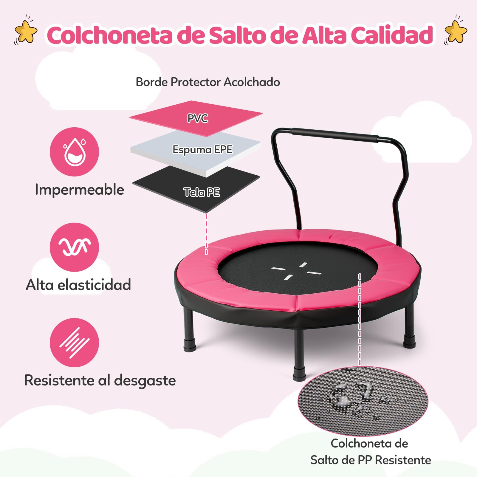 GYMAX Mini Trampolín, Cama Elástica Infantil con Barandillas, Pies Antideslizantes para Interior y Exterior, Niños de 3 a 6 Años, Capacidad de 100 kg