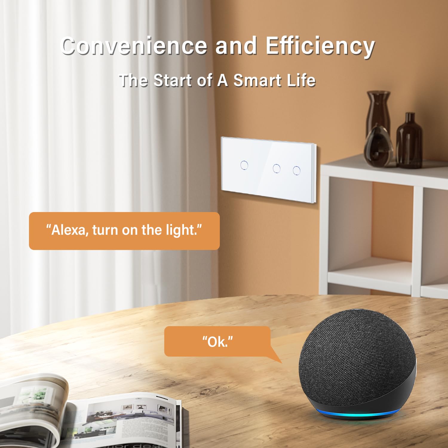 BSEED Doppio interruttore della luce WiFi Smart Alexa, senza conduttore neutro, interruttore touch WIfI in vetro, Alexa e Google Home Work con Tuya, 1 scomparto + 2 scomparti 157 mm, bianco