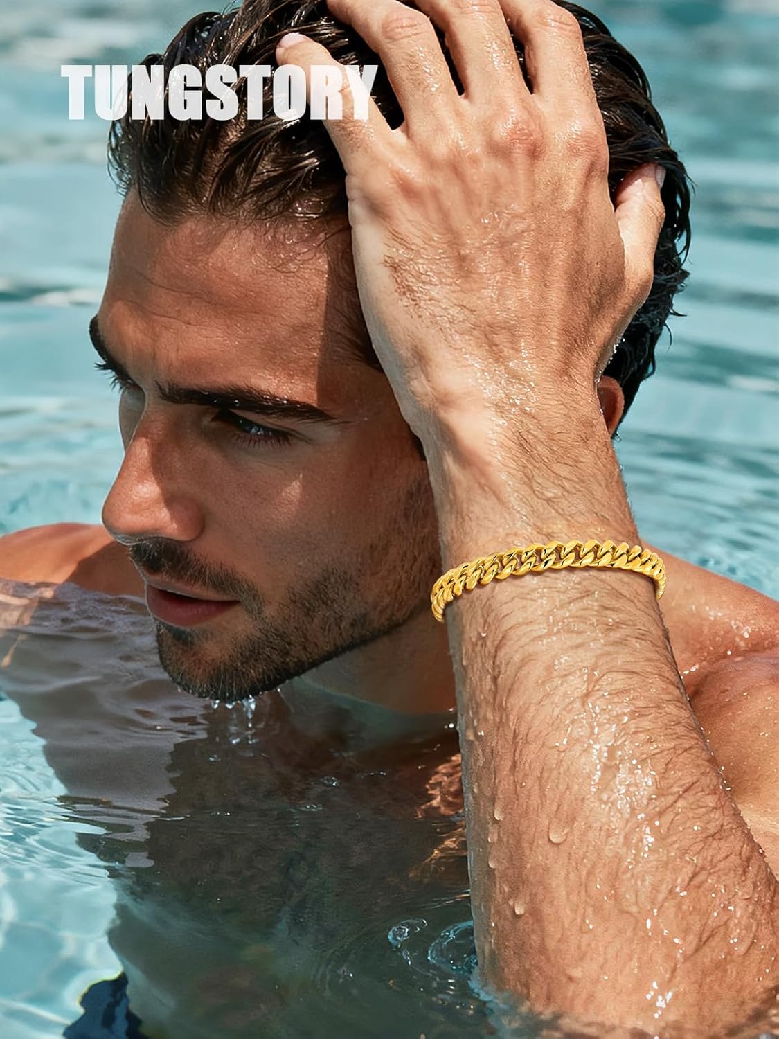 TUNGSTORY 8mm Cuban Link Bracelet for Men, 18K Gold Filled Stainless Steel Mens Chain Bracelets, Easy-On Box Clasp, 8 Inch, Waterproof, Non Tarnish, Jewelry Gift for Him - Image 2