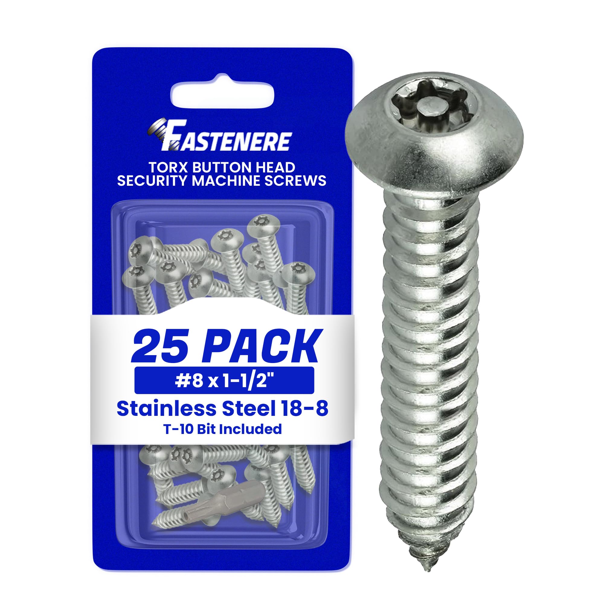 FastenereTorx Security Sheet Metal Screws - #8 x 1-1/2" (25-Pack) Button Head, Tamper-Resistant, Anti Theft Stainless Steel Screws for Higher Level of Safety & Secure Fastening Solution