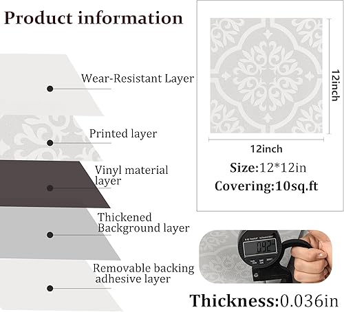 Miniatura 3 de Alow Azulejos de suelo impermeables para despegar y pegar, suelo floral gris para despegar y pegar, suelo de vinilo fácil de bricolaje y adecuado