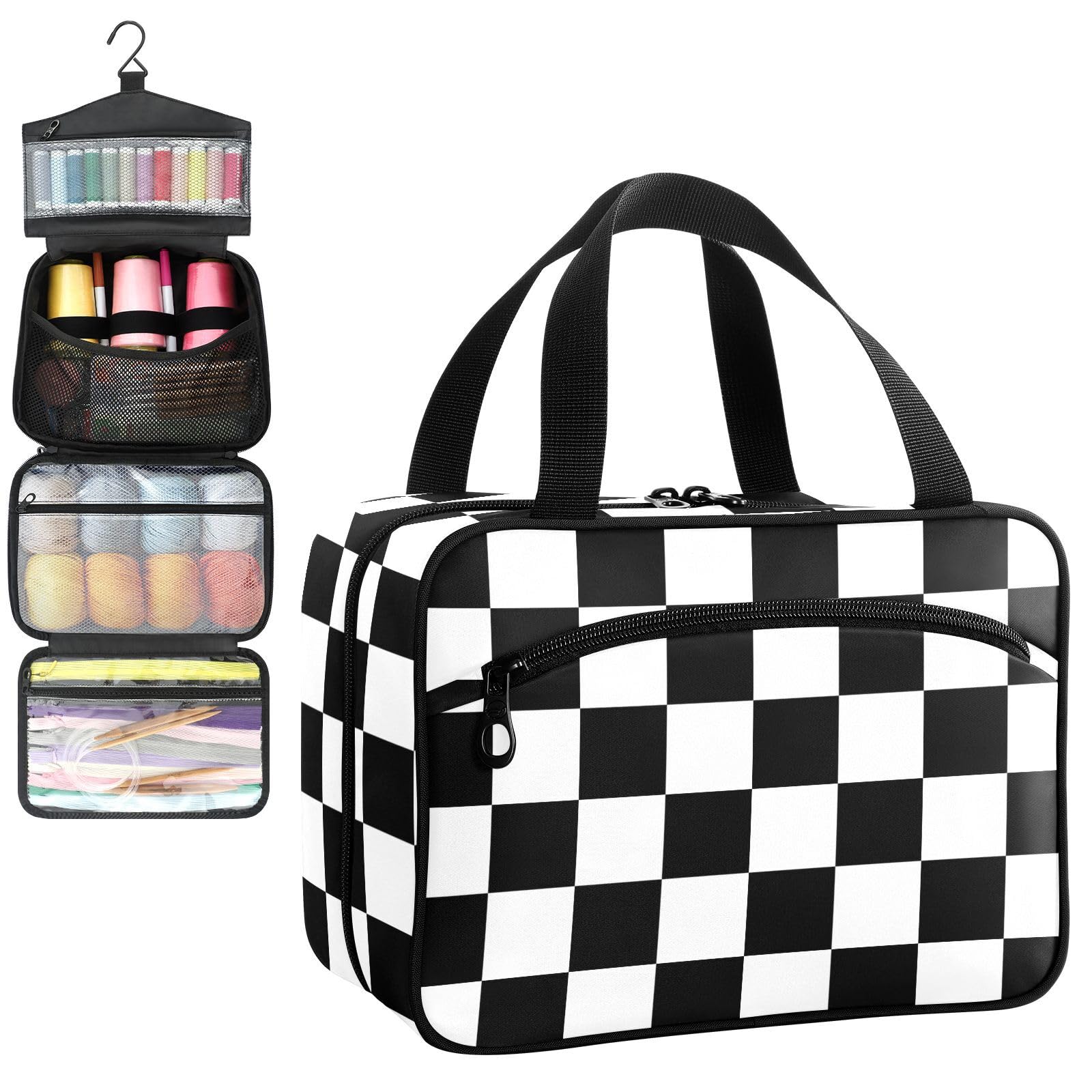 YNNALE Sewing Supply Organizer Bag, Black and White Checkerboard Classic Plaid Tartan Portable Sewing Bags with Pockets&Hanger, Sewing Storage Box Case for Sew Supplies/Kit/Tools/Accessories (BAG ONLY