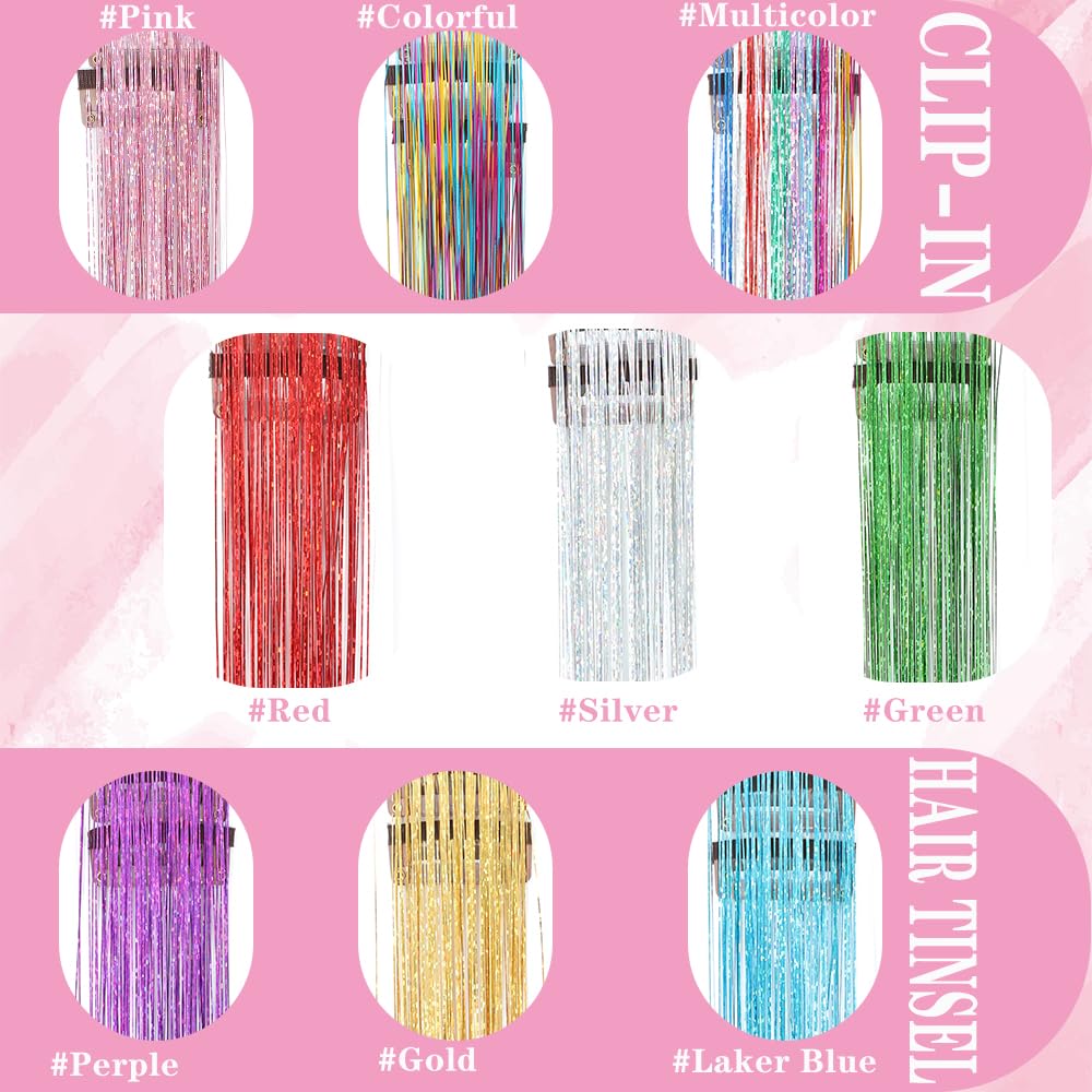 Kit de oropel para el cabello, 12 piezas de oropel con clip para niñas, 22 pulgadas, extensiones de cabello de oropel de hada con purpurina, coloridas, resistentes al calor, accesorios para fiestas 5