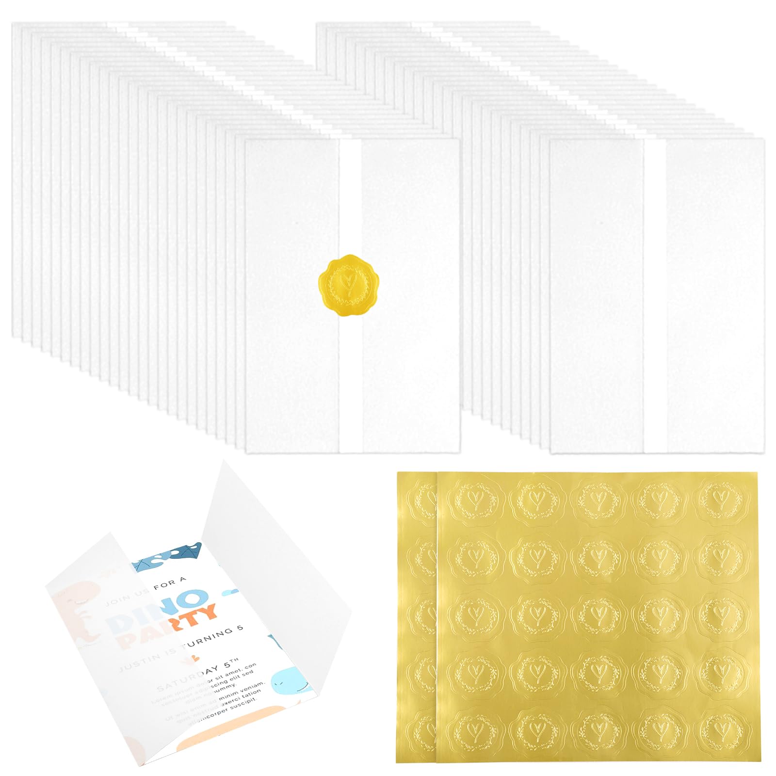 50 Piezas de Sobres de Papel Vitela y 50 Piezas de Pegatinas de Sello de Sobre, 13x18 cm Sobres de Invitación de Vitela Transparente para Baby Shower Boda Cumpleaños Invitación