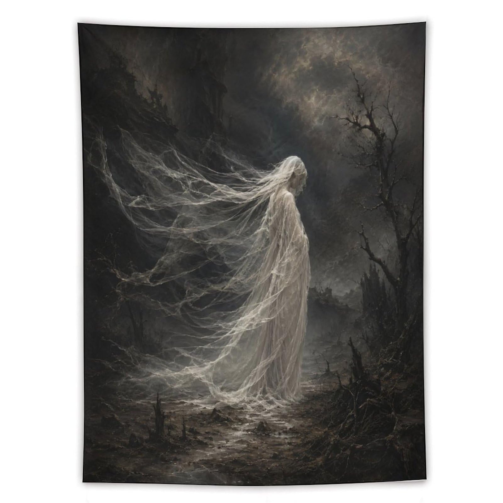 W7C8U2X3 Stormy White Ghost Wall Tapestry, Dark Fantasy Illustration