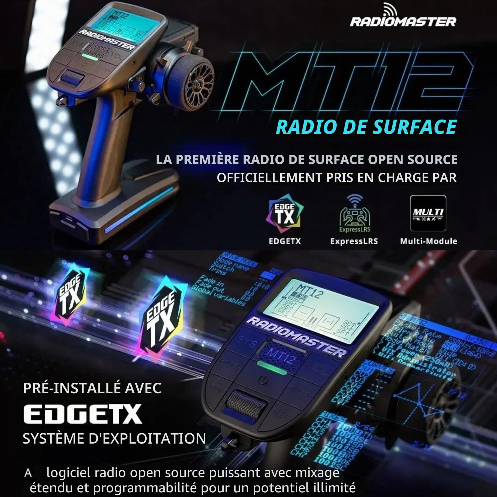 HTLNUZD Radiomaster MT12 Edgetx Contrôleur radio open-source | Multi-protocole 2,4 G 4 en 1 | Pour voitures, bateaux et véhicules de surface | Version améliorée