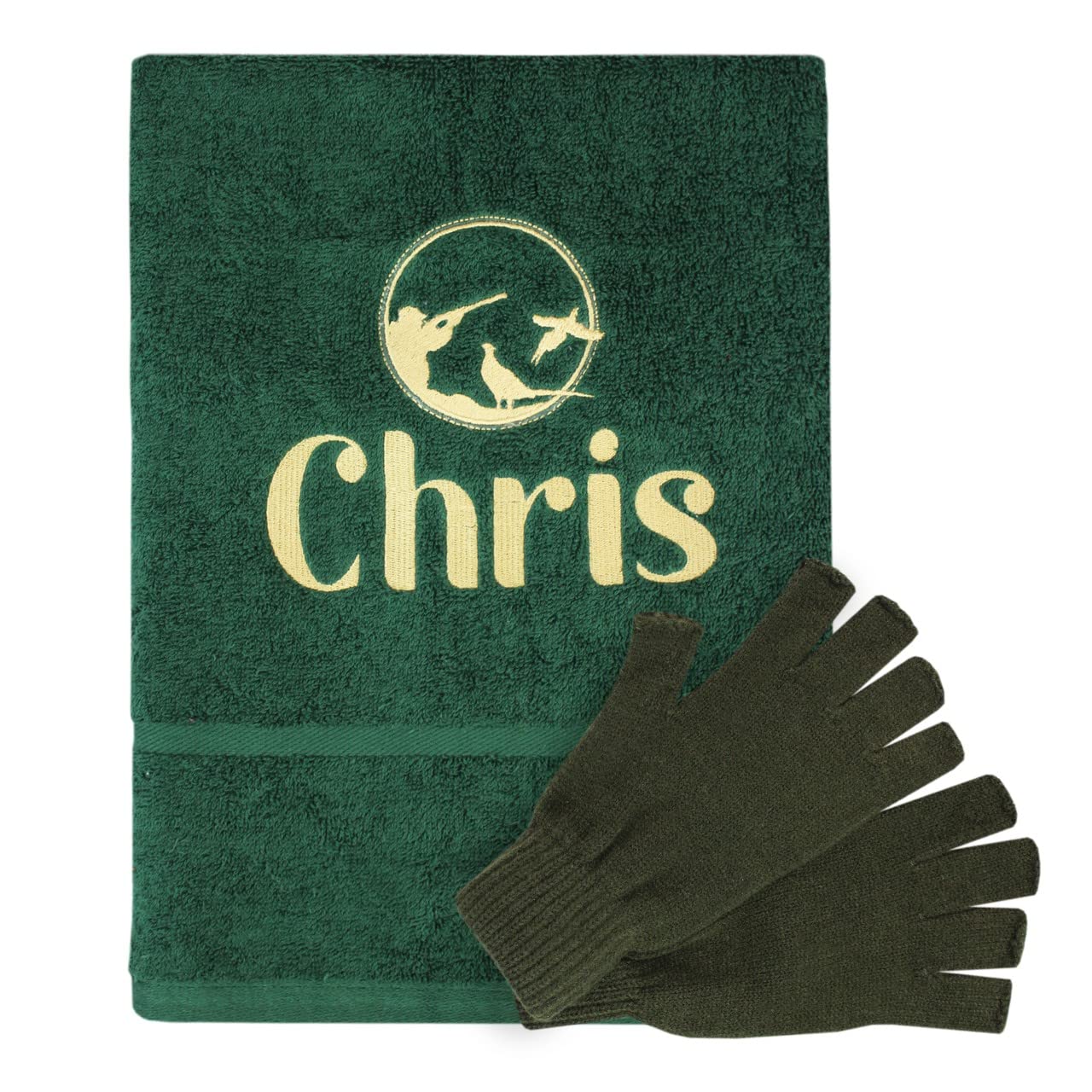 Teddyts Men's Green Personalised Shooting & Hunting Gift Towel With Forest Fingerless Gloves