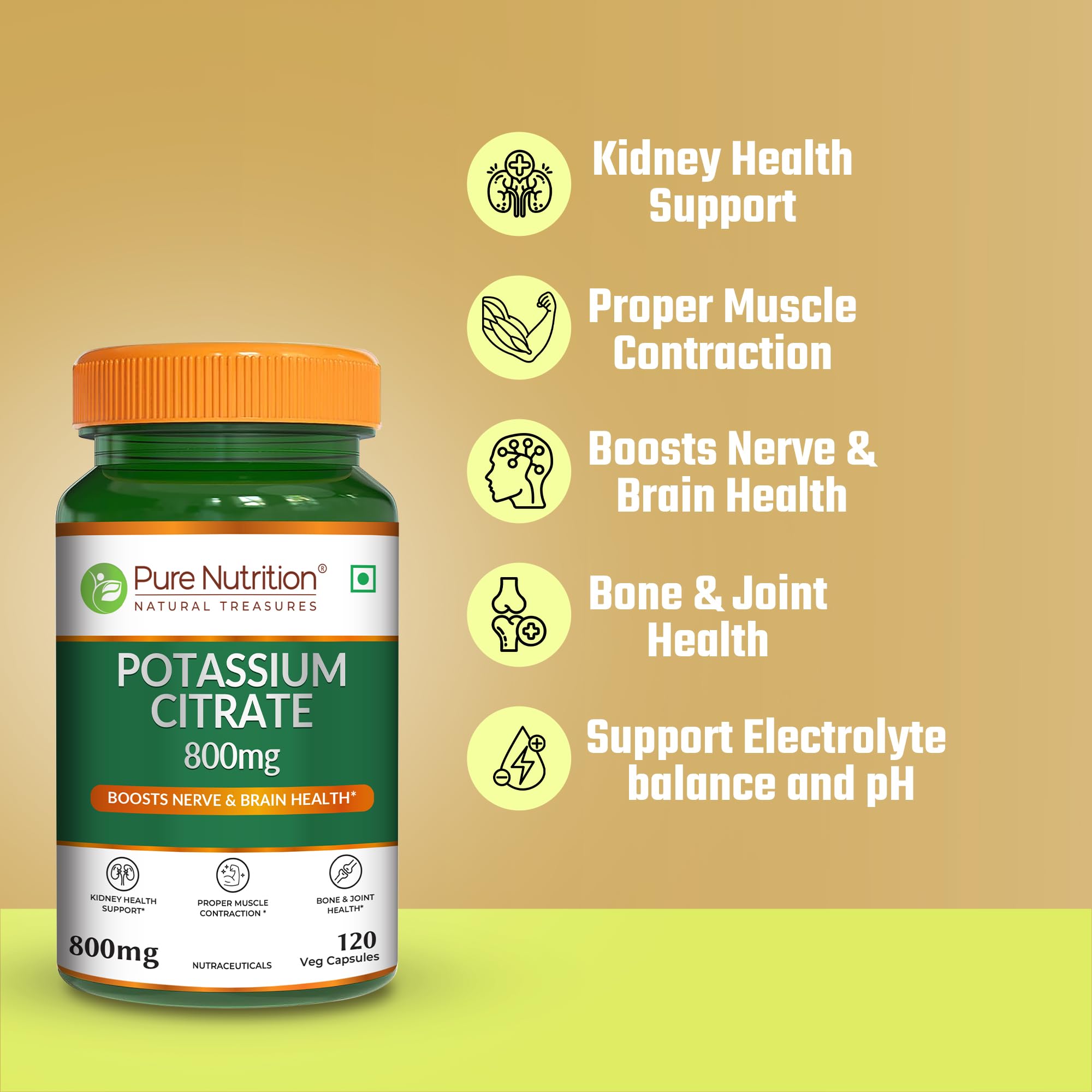 Pure Nutrition Potassium Citrate 800mg | Potassium Supplements promotes Nerve, Muscle, Joint & Bone Health | Supports Kidney Function & pH Balance | Boosts Electrolyte Levels for Hydration & Overall Wellness - 120 Veg Capsules 1