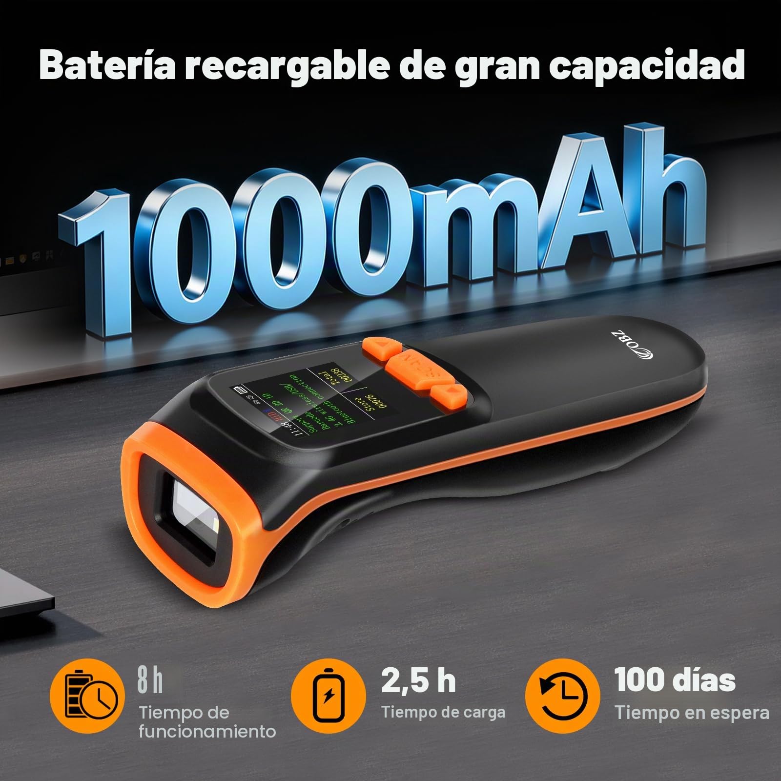 OBZ Lector Código de Barras Inalámbrico 2D 1D con Pantalla LCD, QR Escáner Bluetooth 3 en 1 (USB+2.4G) Portátil Pistola para Inventario Almacén Logística, Compatible con iOS Android Windows