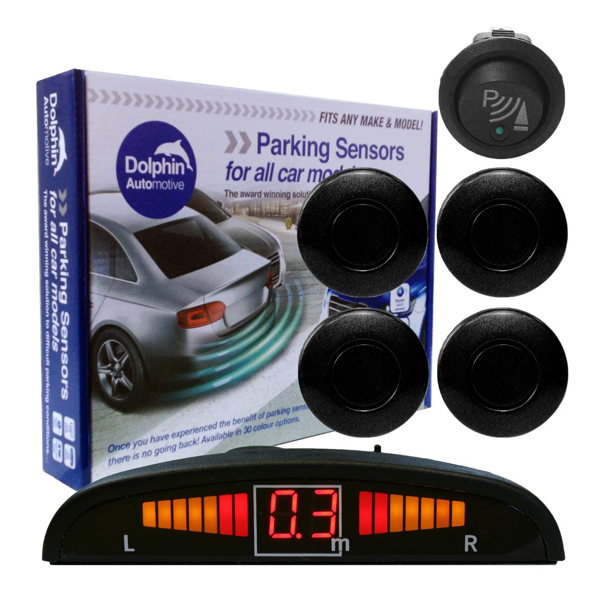 Dolphin Automotive DPS450F Front Parking Sensors In 32 Colours 4 Ultrasonic Radar Sensors Kit Audio & Display Alert System Matt & Gloss Black +30 More Colours (Sea Blue) — view 19