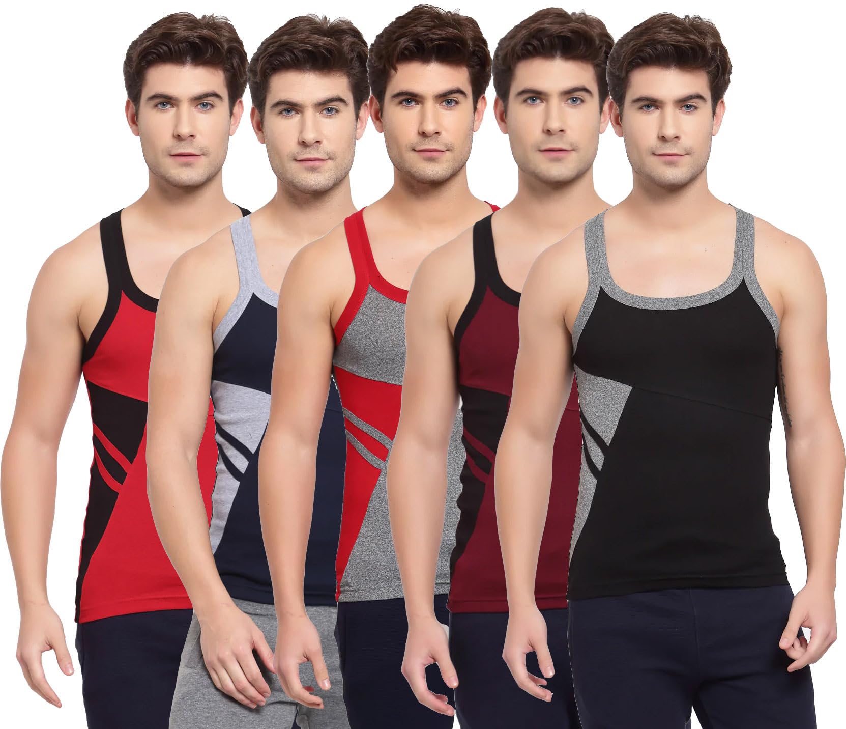 sporto Men's Cotton Solid Multicolor Square Neck Sleeveless Gym Vest - Pack of 5 (707)-picture-31