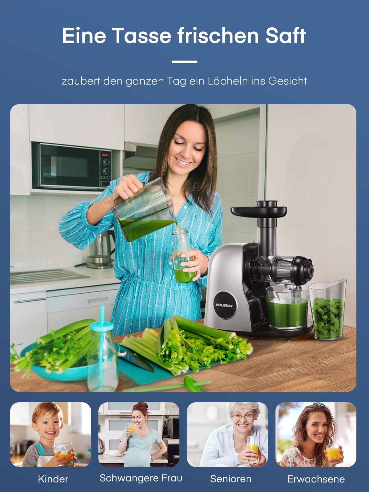HOUSNAT Slow Juicer, Entsafter Gemüse und Obst, Profi Entsafter mit Ruhigem Motor │ Umkehrfunktion │ Saftkanne │ Reinigungsbürste │ 2 Filterelemente, BPA Frei (Silber)