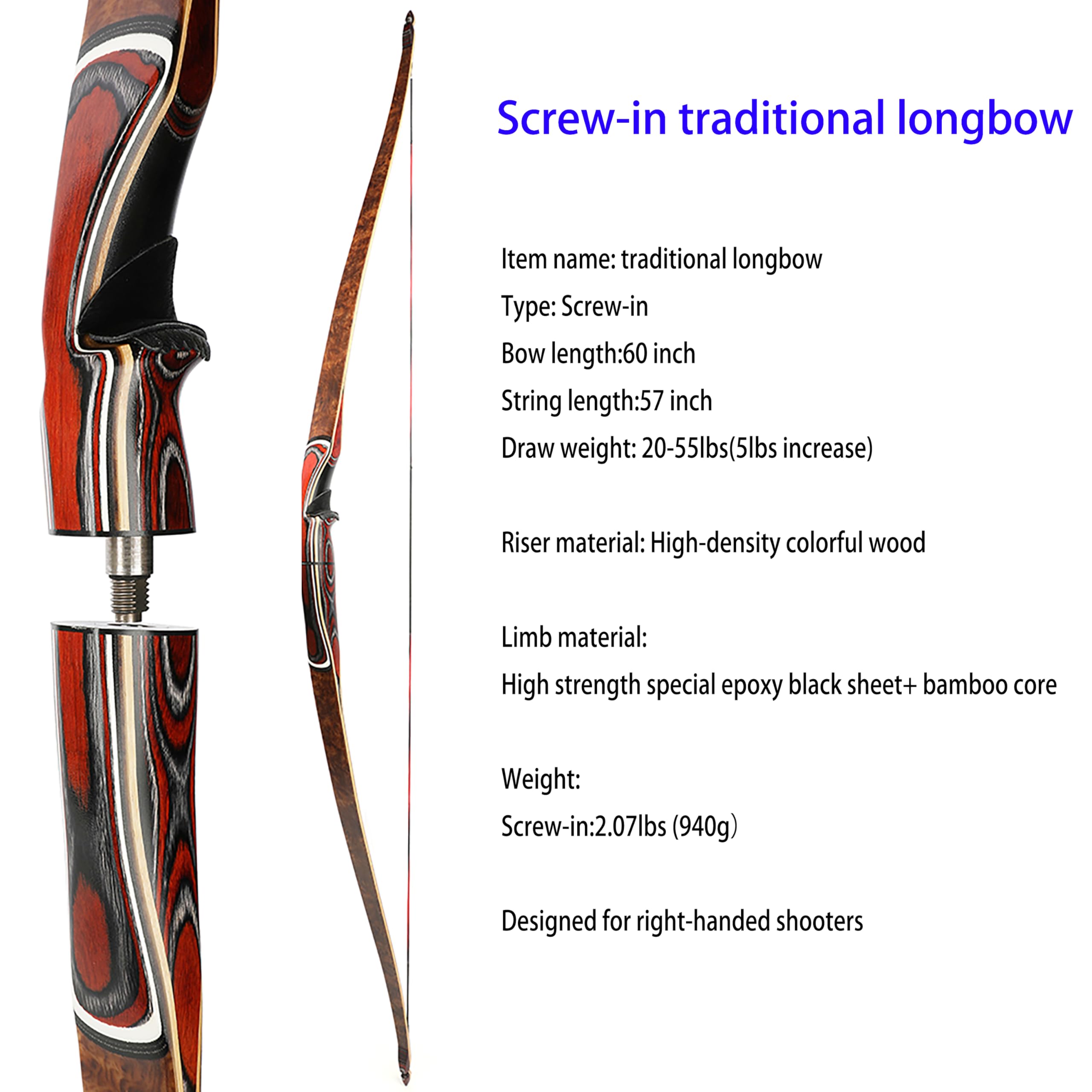 60" Takedown-Longbogen 20-55 Lbs Traditioneller Holzdreiecksbogen Rechtshänder für Bogenschießen, Jagen und Zieltraining