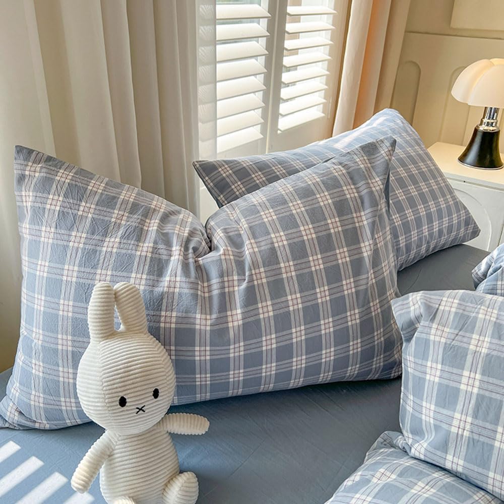 Gingham Duvet Cover Queen Blue White Plaid Bedding 3Pcs for Boys Girls Dorm Grid Checkered Bedding Set Soft Breathable Washed Microfiber Farmhouse Comforter Cover with 2 Pillowcases