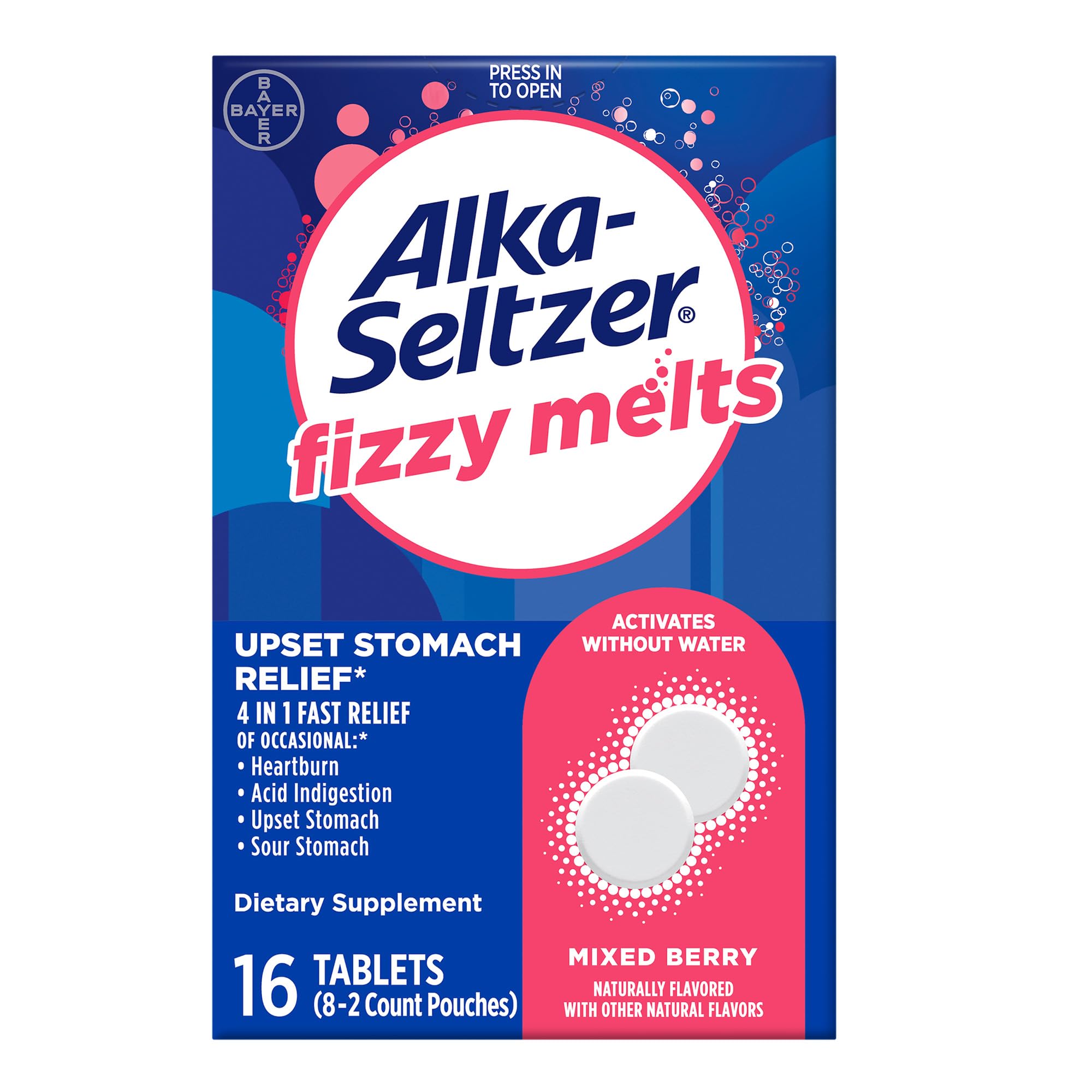 Alka-Seltzer Fizzy Melts, Dissolve on Tongue, No Water Needed, On-The-Go Dietary Supplement Antacid Tablets, for Relief of Occasional Heartburn and Acid Indigestion*, Berry Flavor, 16ct