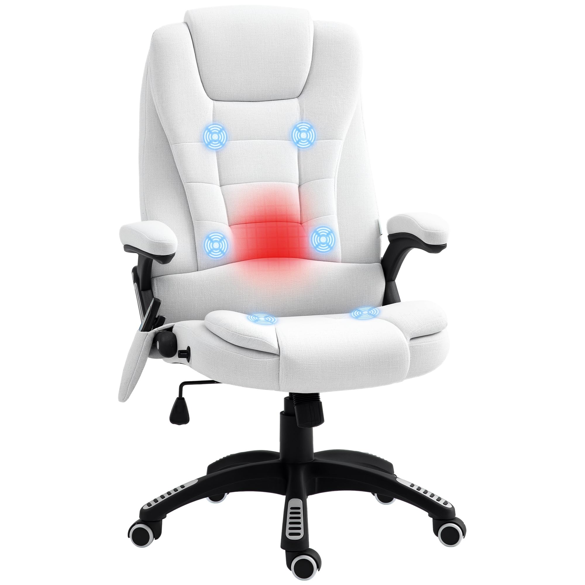 Vinsetto Office Chair, Ergonomic Desk Chair with 6-Point Massage and Back Heated, Linen-Feel Fabric Computer Gaming Chair with Arms, Lumbar Support, Cream White