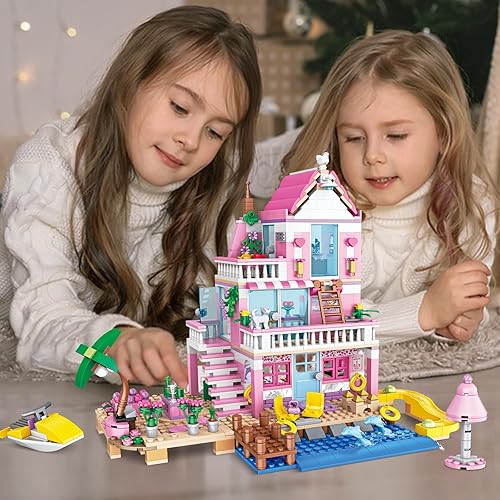 Miniatura 4 de Pink Girls Seaside Beach Villa Friends - Juego de construcción compatible con amigos, juguete educativo de construcción para niños de 6 a 12 años en