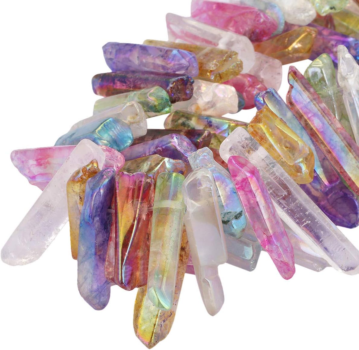 mookaitedecor Titanium Coated Rock Crystal Quartz Crystal Points Loose Beads Sticks Spikes Top Drilled 15 inches Strand
