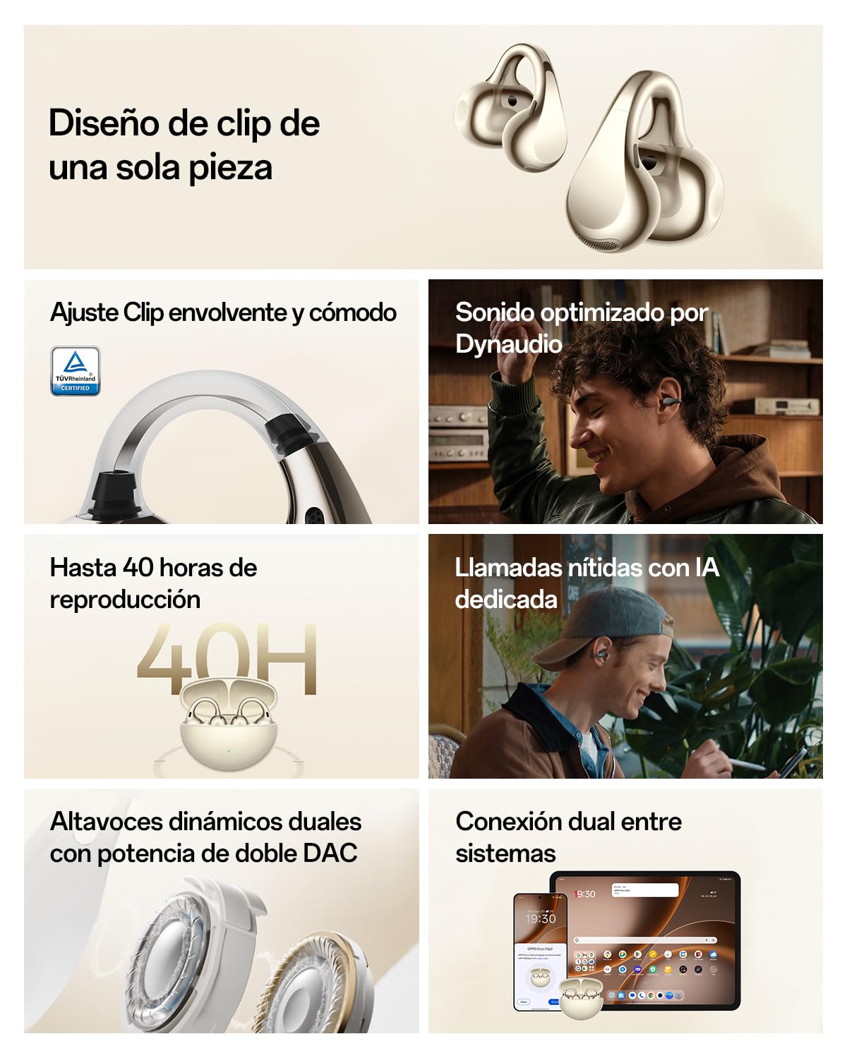 OPPO Enco Clip2 Auriculares Open-Ear, Drivers 11mm+9mm, Bluetooth 6.1 Sonido Dynaudio, Comodidad EarHug, Audio Hi-Res LHDC 5.0, 40H Autonomía, Llamadas por Conducción Ósea, Luminous Gold