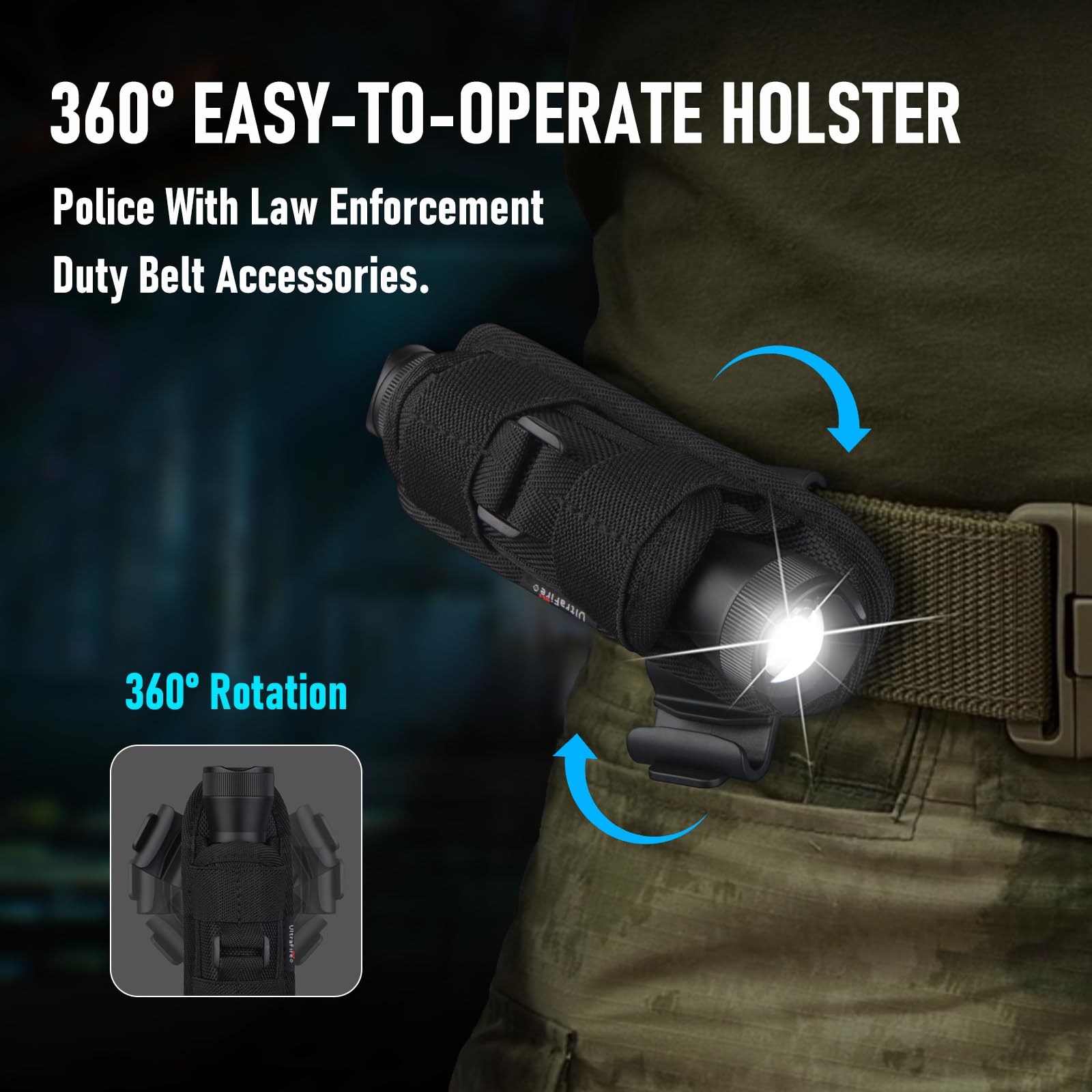 ULTRAFIRE Linterna táctica recargable con funda, linterna LED con zoom de 1350 lúmenes con bolsa para cinturón, 6 modos, USB-C, para policía/seguridad/aplicación de la ley/camping, E5