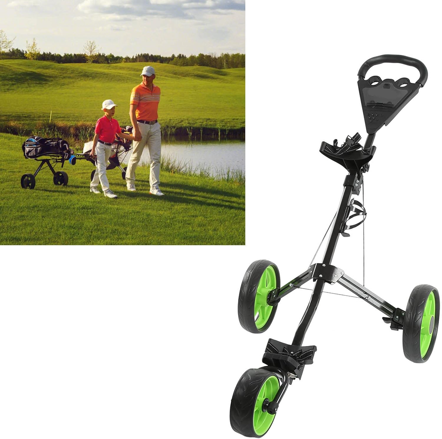 3 Wheel Golf Push Cart, Lightweight Foldable Collapsible Golf Push Cart, Golf Trolley with Foot Brake, with scorecards and Cup Holder which are Available, Golf Push Cart Pull Caddy 3 Wheel for Ba