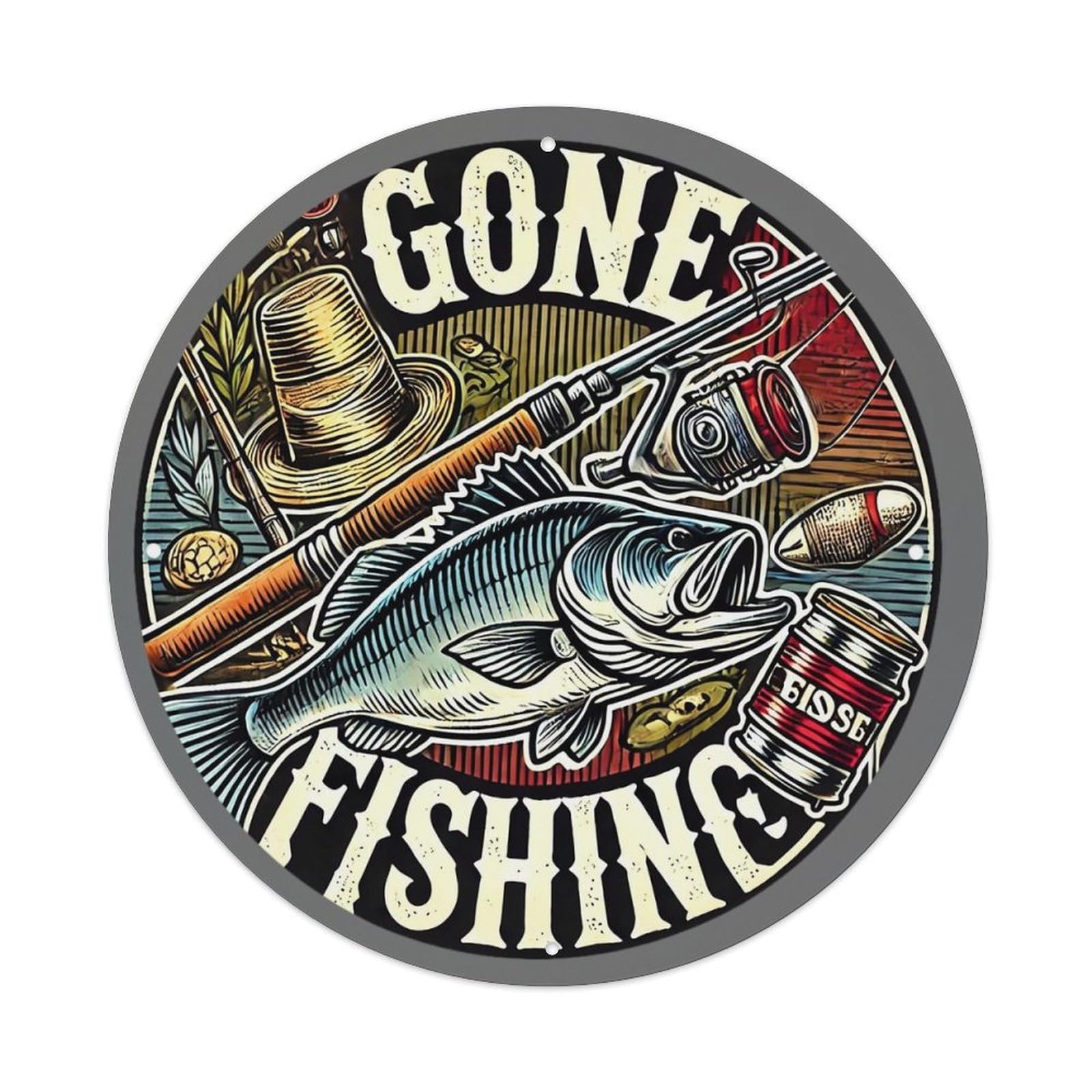 Jdyansheng Vintage Gone Fishing Illustration Design Tin Sign Metal Poster Metal Signs For Home Man Cave Bar Cafe Kitchen Laundry Room Wall Decorations 8X8 Inches