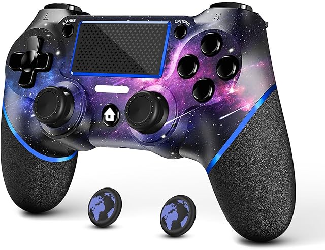 AceGamer SAMINRA Replacement for PS4 Controller with 2 Thumb Grips, Design Starry Sky Custom V2 Wireless Game Controllers, Compatible with PS4, Slim, Pro and Windows PC