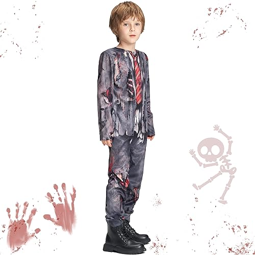 Miniatura 4 de AlecosFun Disfraz de zombi para niños, mono de cadáver espeluznante, uniforme sangriento para niños y niñas, fiesta de disfraces de Halloween, 3 a