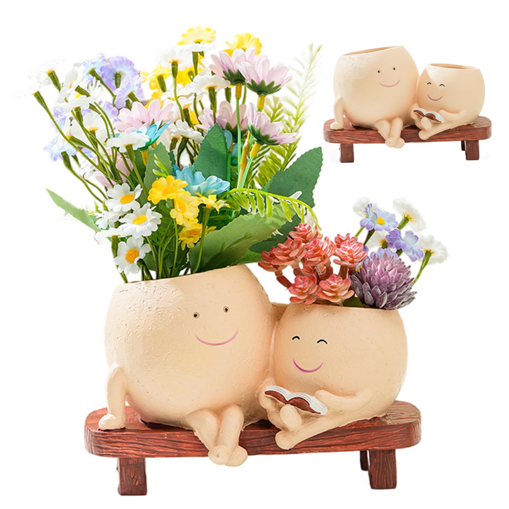 CAKEEYUM Smiling Face Planter - Funny Plant Pot for Succulents & Small Flowers Resin Cute Flower Pots with Drainage Hole for Indoor and Outdoor Use Khaki