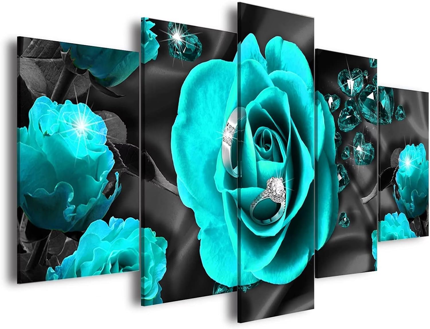 AWLXPHY Décor Rose Wall Art Canvas Painting Framed 5 Panels for Living Room Decoration Modern Flower Stretched Artwork Giclee (Blue, 40"x20")