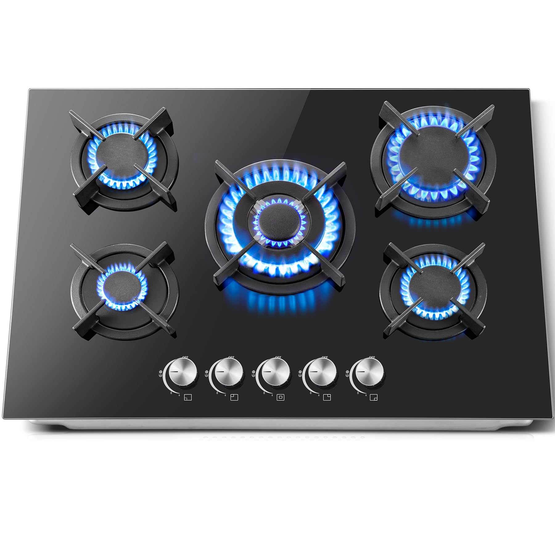 SNDOAS Piano Cottura 5 Fuochi, Piano Cottura 70cm con Protezione Automatica Della Fiamma, Gas Naturale e Gas Propano, Incorporato, Nero, 10400 W, 220-240 V