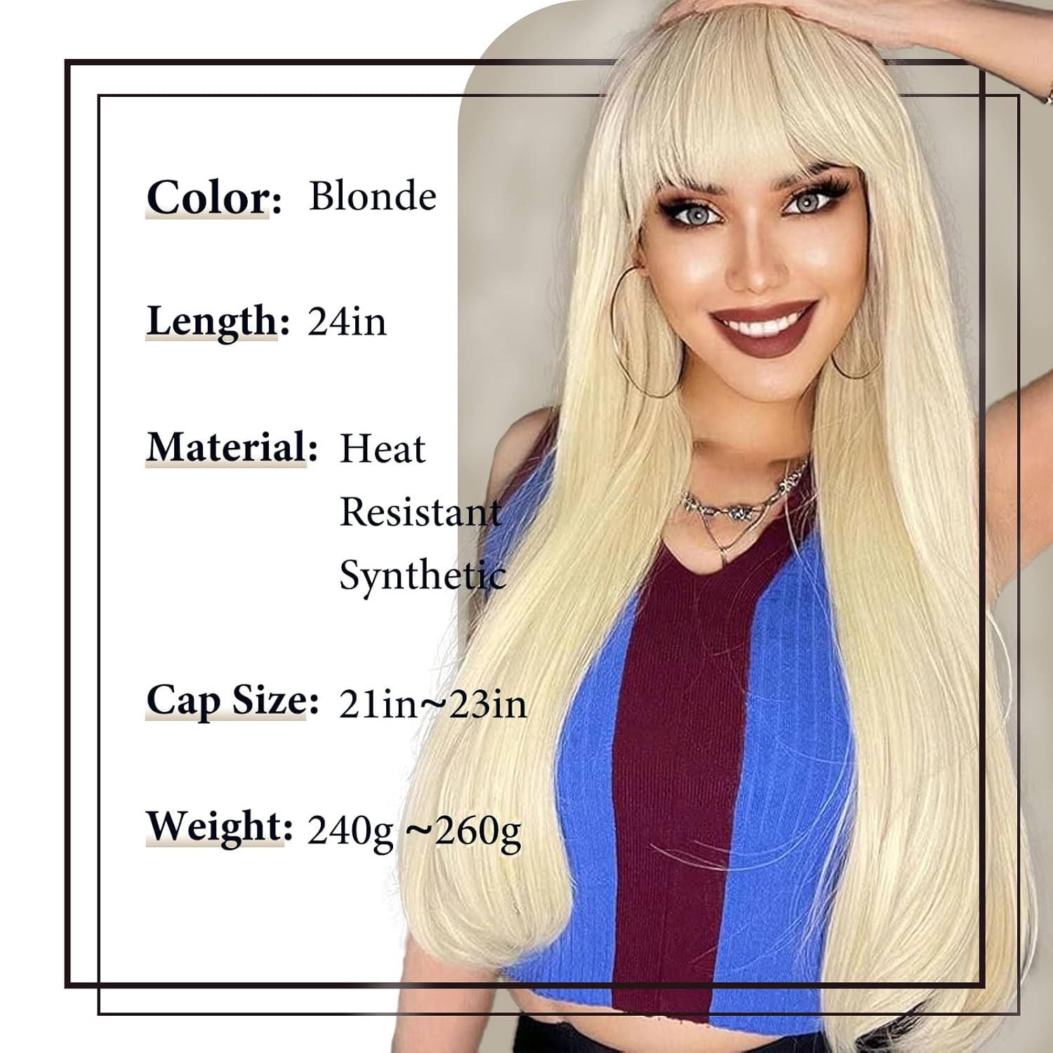 Blonde Wig with Bangs for Women Long Straight Blonde Wig for Grils Heat Resistant Synthetic Natural Hair Wigs Wig for Colorful Cosplay Wig for Party Halloween Daily Use 24in