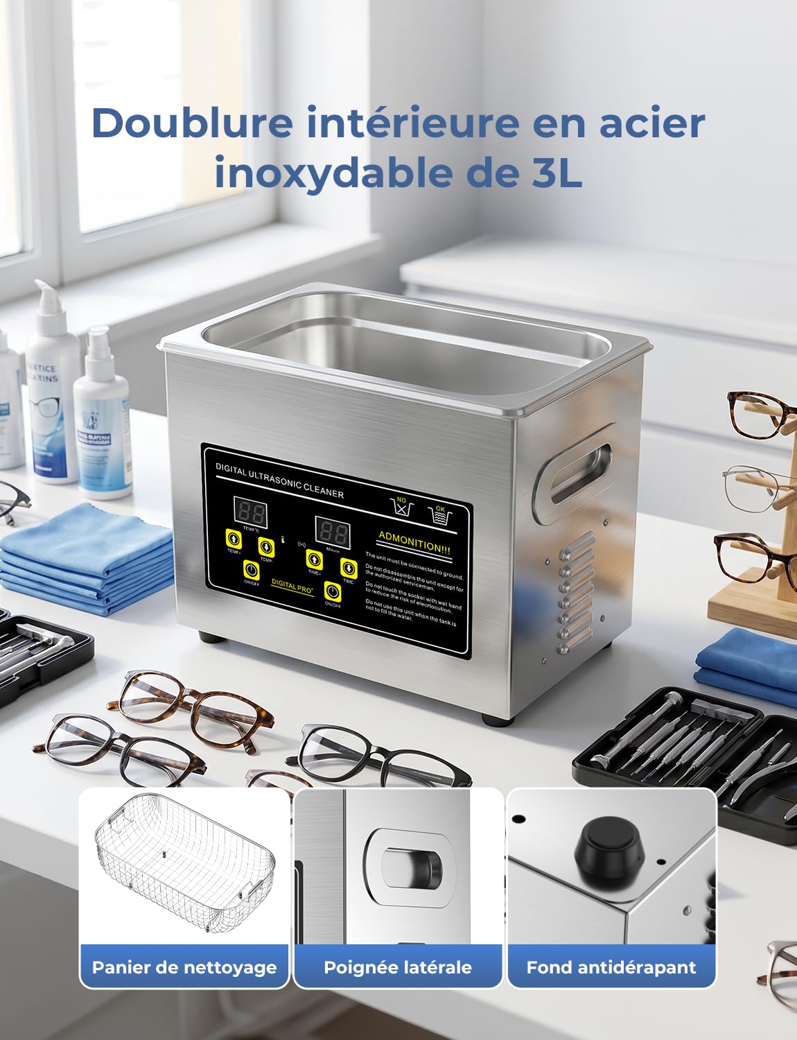 Nettoyeur à Ultrasons Acmeenjoy, 230 W, 3 L. Appareil de nettoyage ultrasonique avec affichage numérique, durée de nettoyage de 5 à 30 minutes, idéal pour le nettoyage de bijoux, lunettes et montres