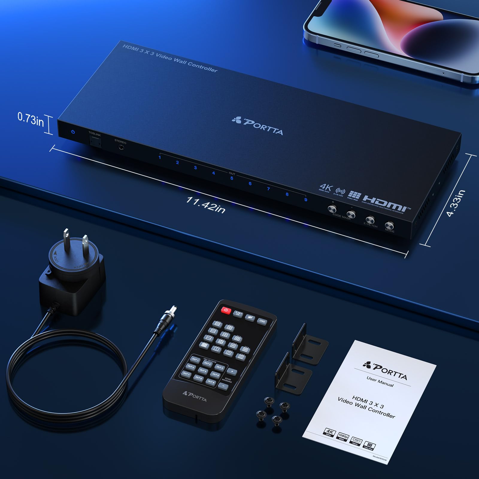 Video Wall Controller 3x3 4K, PORTTA HDMI Video Wall Processor avec 19 Splicing Modes, RS232, 180° Rotate, Audio Extractor, 3x3, 3x2, 2x3, 2x2, 4x2, 2x4, 1x2, 2x1, 9 TV Screens Into 1 Wall Display