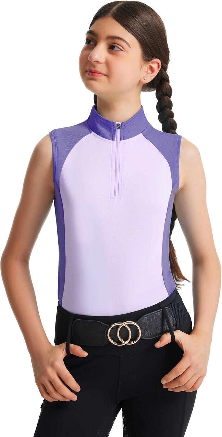 FitsT4 Sports Girls Sleeveless Equestrian Shirt Half Zip Athletic Tops for Horse Riding Running Golf Tennis Horseback Show