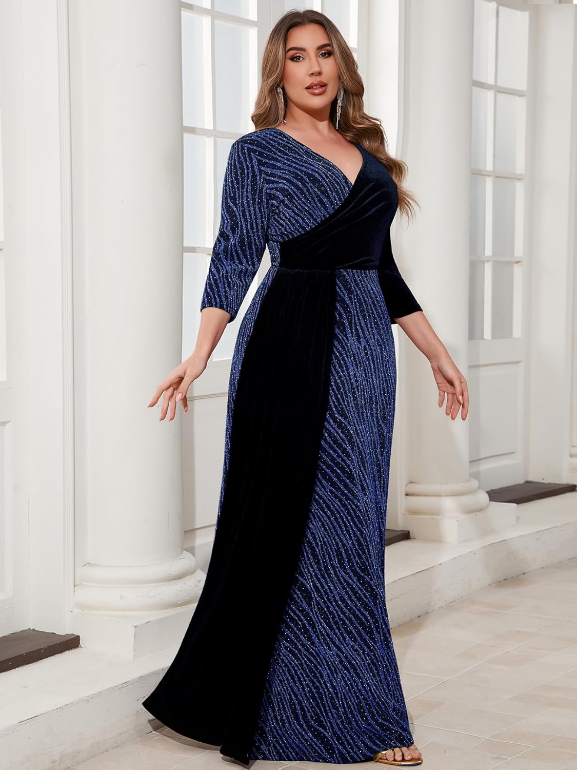 ZOMVA Plus Size Women's Velvet Splice Sparkly Maxi Dress 3/4 Sleeve V-Neck Wrap A-line Dresses Formal Evening Cocktail - Image 5