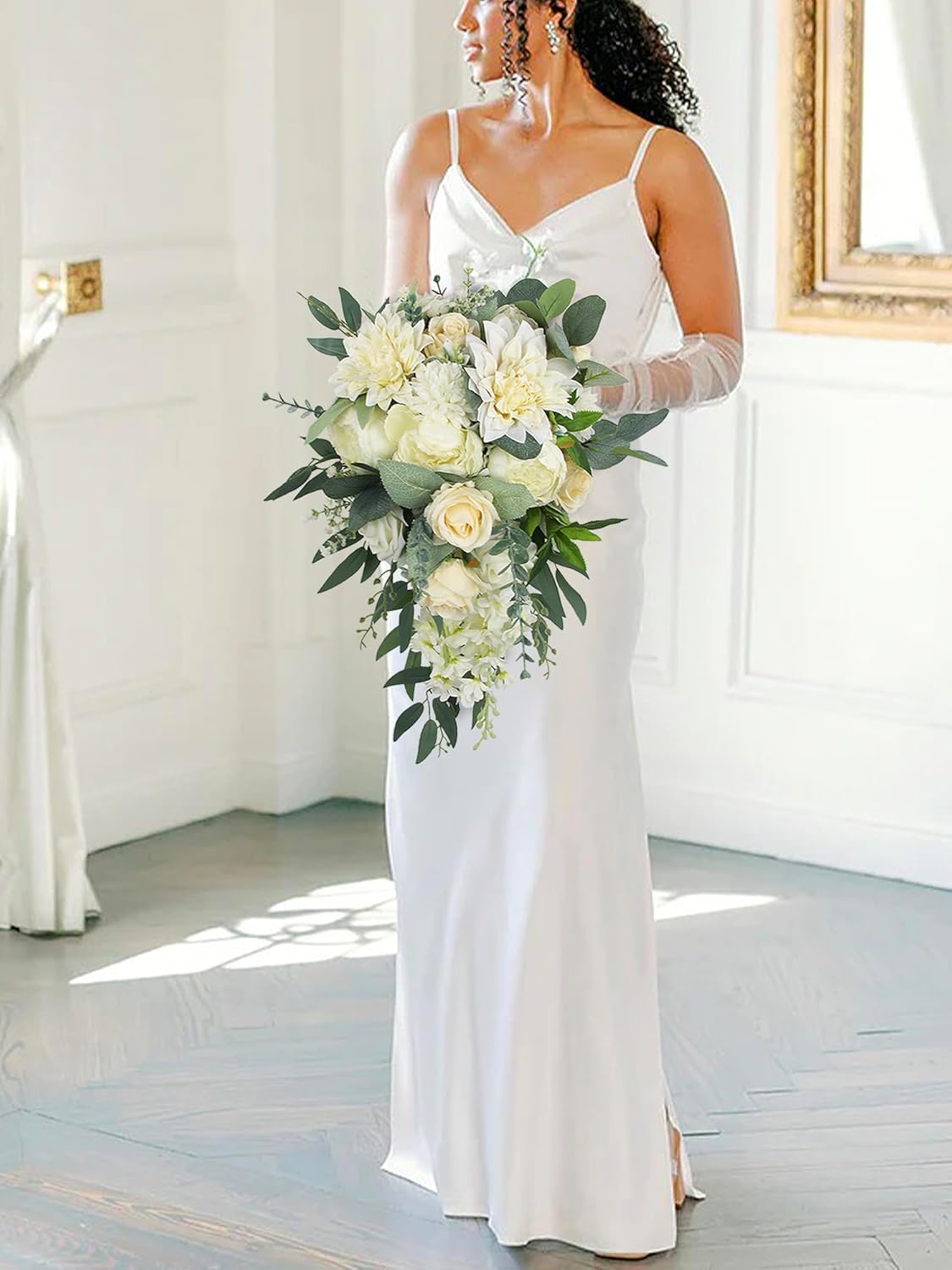 Rinlong White Green Cascade Bouquet Wedding Bouquets for Bride Cascading Wedding Bouquet Bridal Bouquet Artificial Flowers