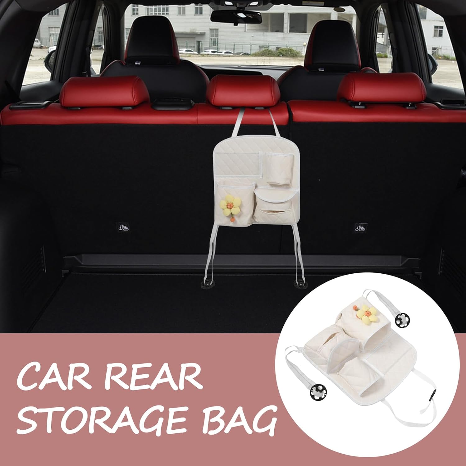 BETOOKY Car Seat Organizer Backseat Hanging Storage Bag Multifunctional Pu Material Back of Seat Car Organizer with Quilted Beige Pumpkin Pattern for Travel and Daily Use