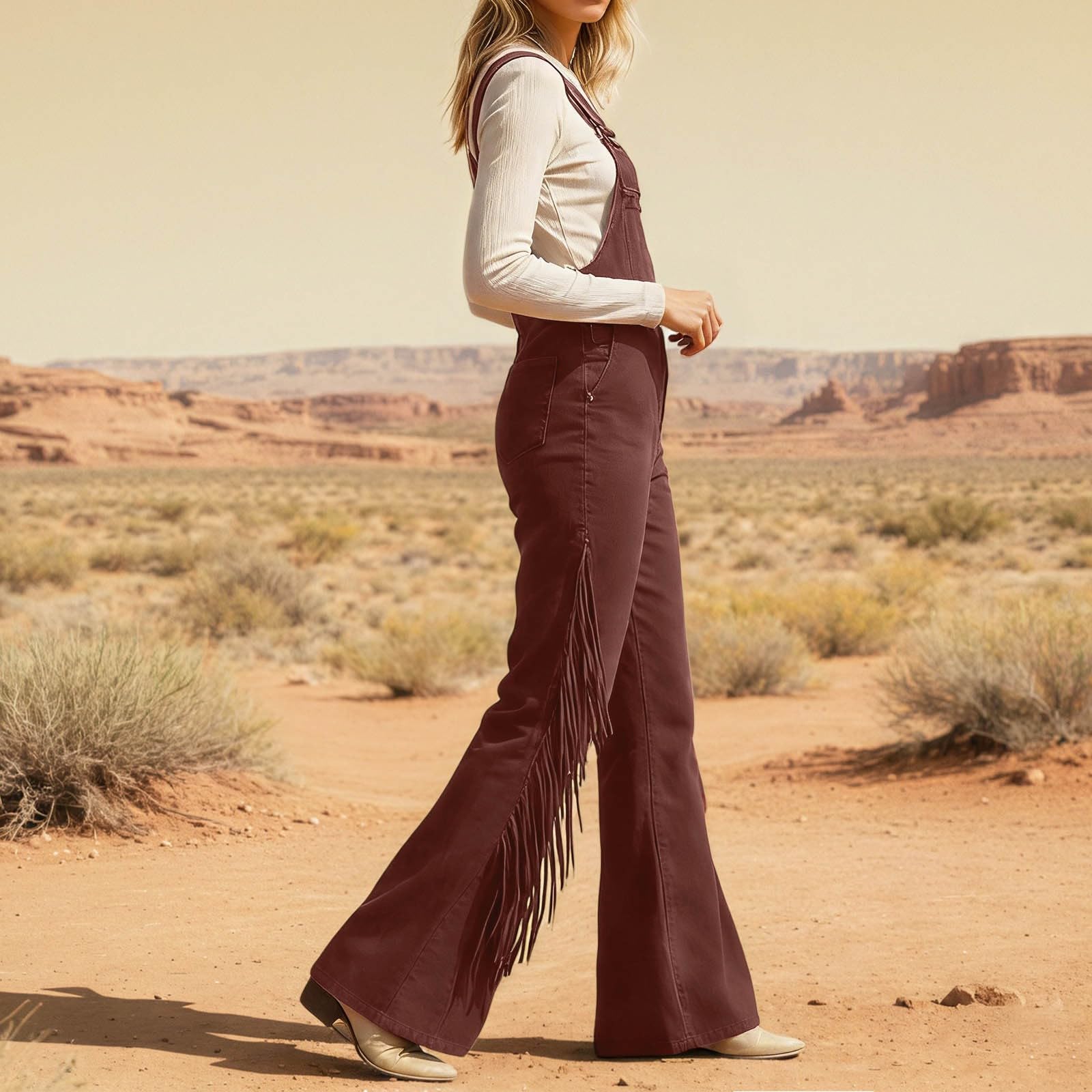 Generisch Tuta da donna elegante in stile western con frange, gamba larga, salopette lunghe