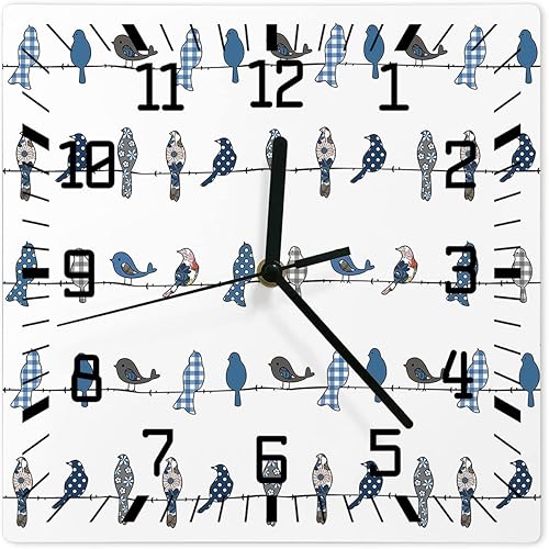 Reloj de pared de madera con pájaros azules y grises, silencioso, sin tictac, dibujado simple, a cuadros, floral, cuadrado, funciona con pilas,
