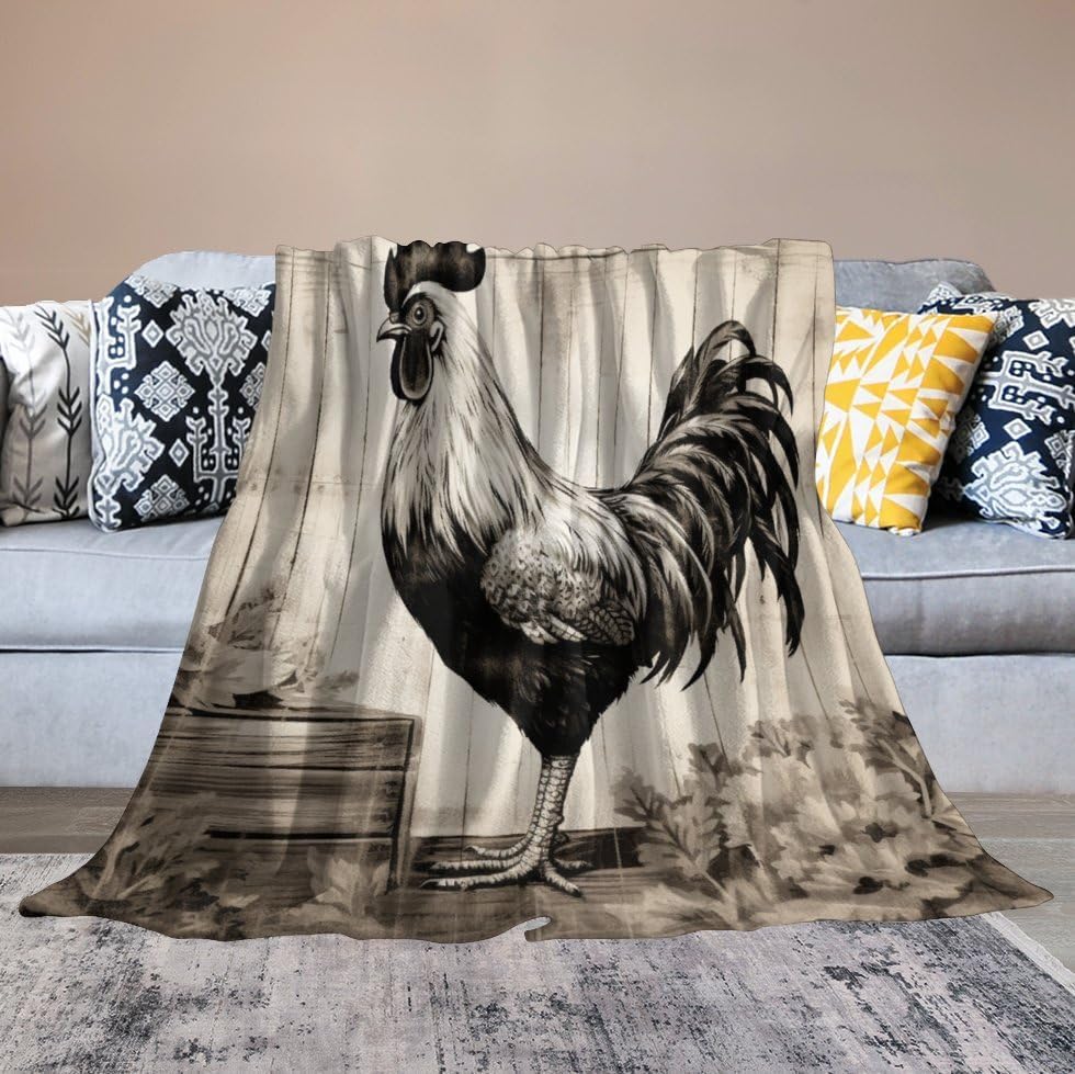 Miniatura 6 de Manta rústica de gallo de granja, color blanco y negro, manta suave de gallo de acuarela, manta de franela de forro polar, tamaño manta, manta de